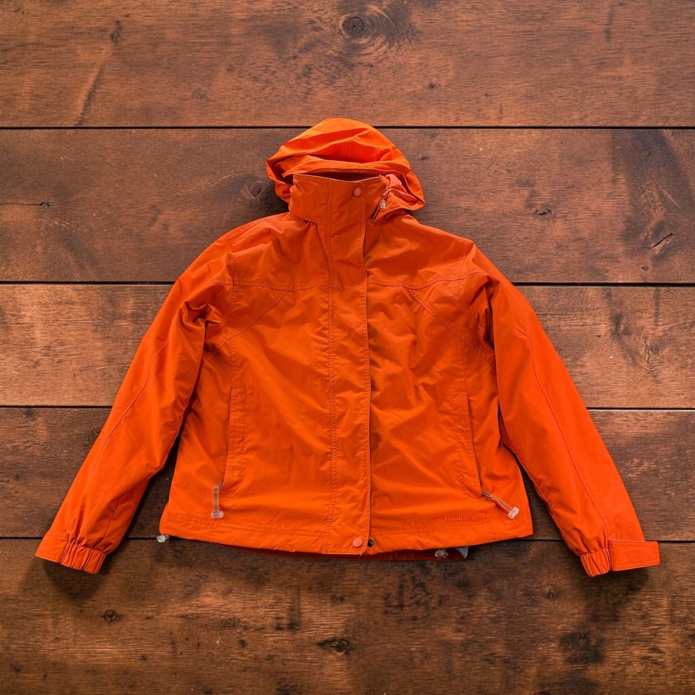 LL Bean Womens M Orange Hooded Shell Ski Jacket Fleece Lined Full Zip Storm Flap